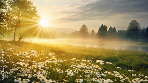 Early morning in a scenic field, where the sun's radiant beams pierce through the mist and trees, casting vibrant rays of light onto the hazy meadow.  © Chingiz