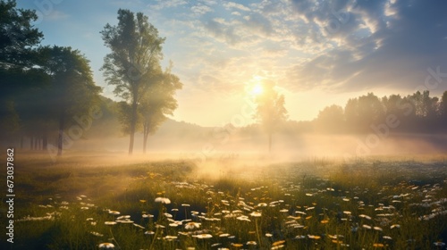Early morning in a scenic field, where the sun's radiant beams pierce through the mist and trees, casting vibrant rays of light onto the hazy meadow. 
