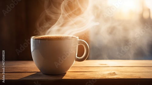 white coffee mug in morning light with steam