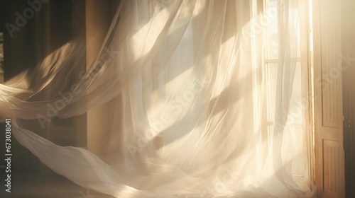 A gentle breeze flows through an open window, causing white tulle curtains to sway near the window. The morning sun bathes the room in its warm light, creating a play of shadows against the background