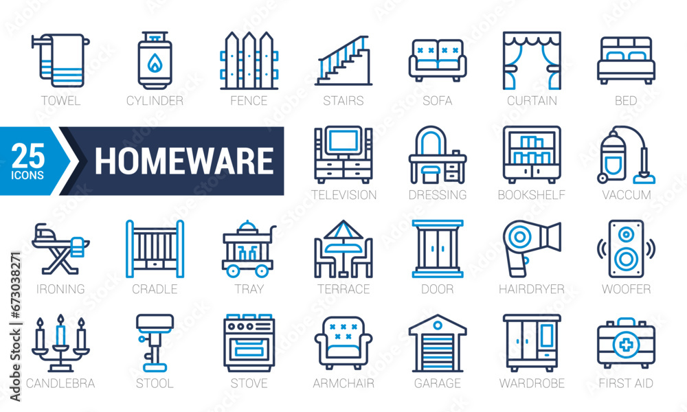 Set Of Homeware. Dual Tone Blue Icons Pack. Vector Illustration.