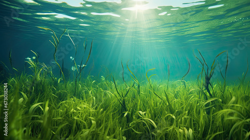 green grass and water, Underwater view of a group of seabed with green seagrass © Planetz
