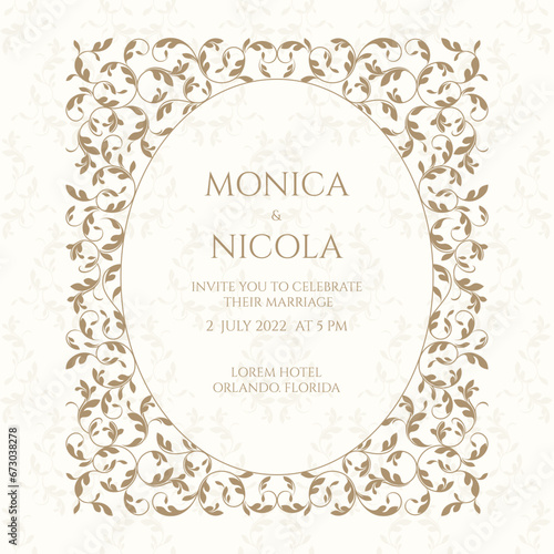Elegant wedding invitation. Card template with oval floral frame. Classic design page.
