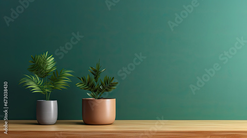 green plant on the woofen table on green wall background, design for product presentation background. mock up,Minimal cozy counter mockup
