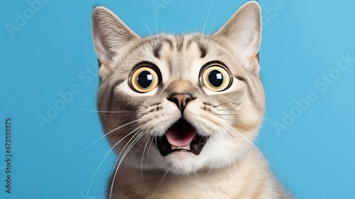 Shocked cat with big eyes isolated on blue background, funny animal expression