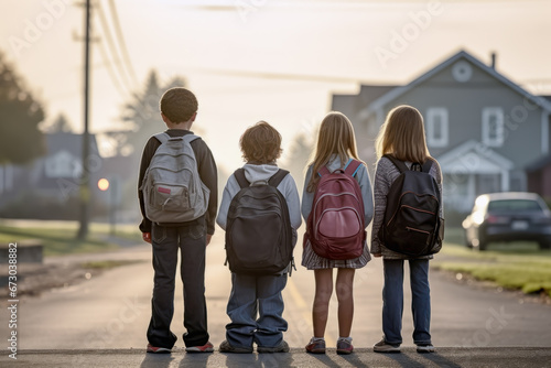 Children waiting for a school bus. School commuting concept of school and education.