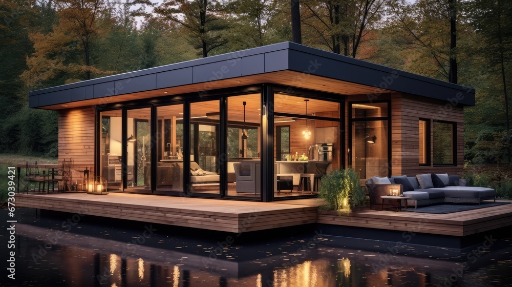 Modular wooden house on wheels with flat roof and big windows all around. Modern and elegant style, with an outdoor living area, minimalist style Generative Ai