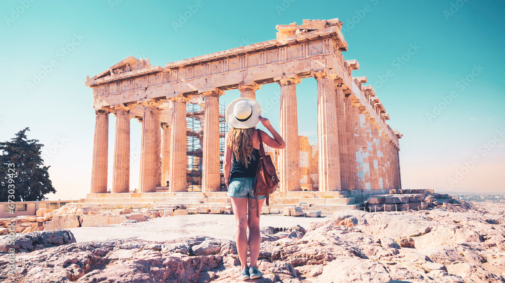 Obraz na płótnie Young female tourist admiring the Parthenon, Acropolis in Athens- travel, tour tourism in Greece w salonie