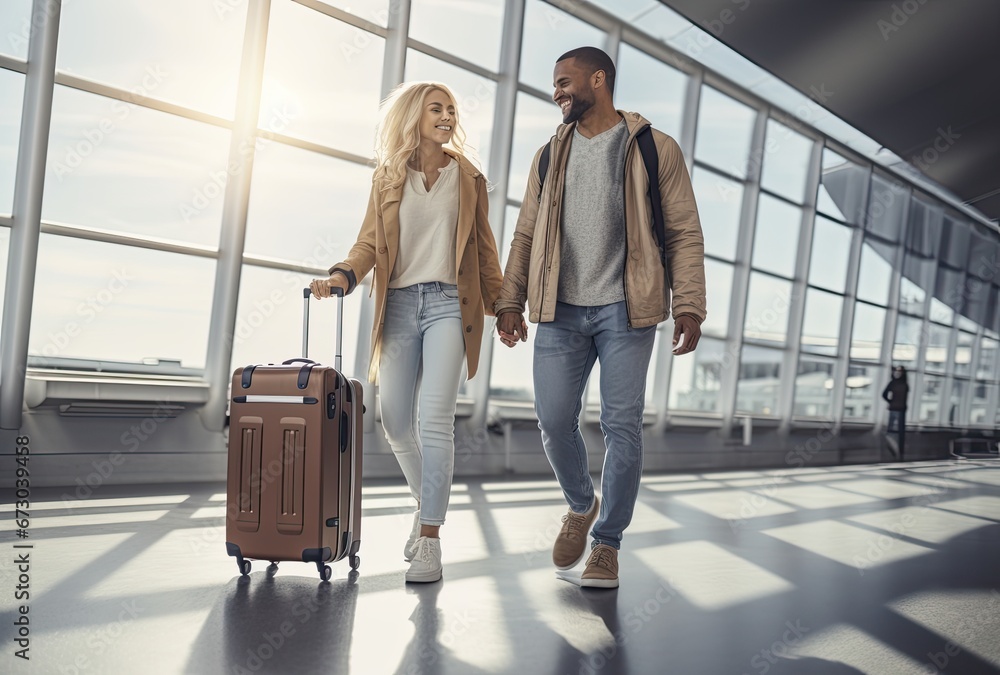 Romantic Couple Walking For Flight In Airport Terminal