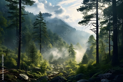 A serene, fog-covered morning in a forest. 