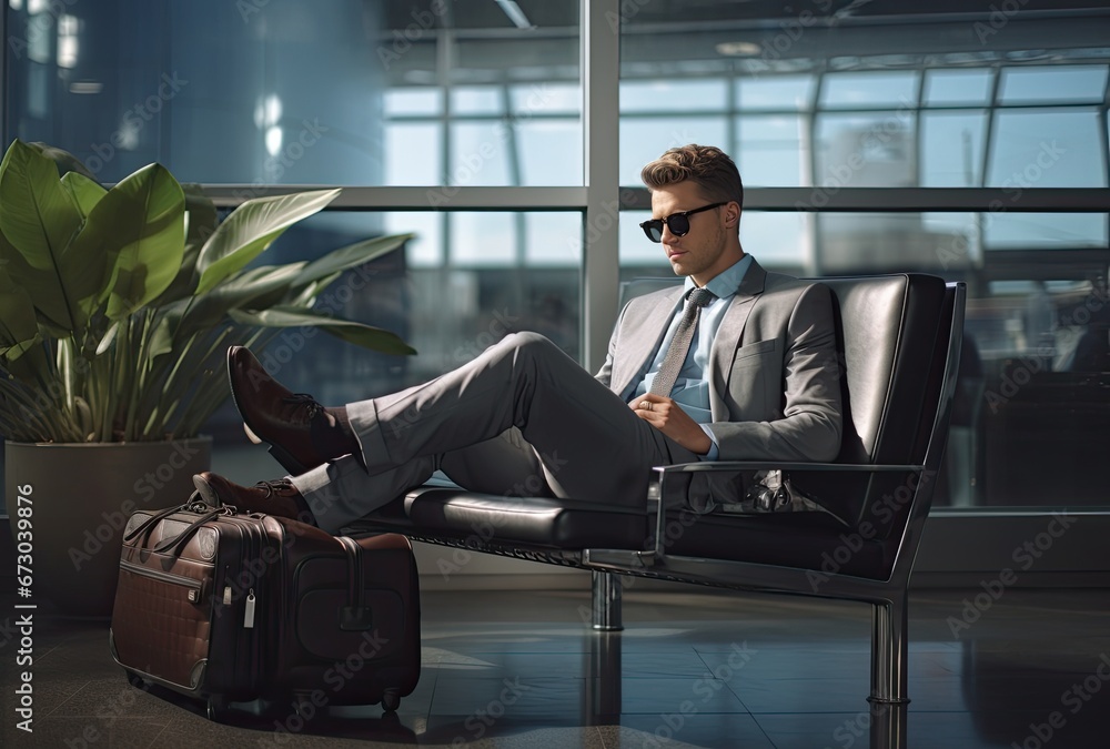 Man in business suit sitting on bench at airport waiting for flight schedule Man in business suit sitting on bench at airport waiting for flight schedule