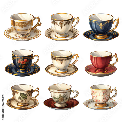 Antique Porcelain Tea Cups Isolated on Transparent or White Background, PNG