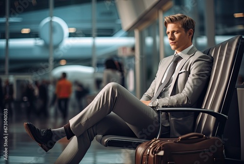 Man in business suit sitting on bench at airport waiting for flight schedule photo