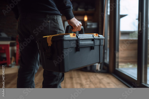 Close-up on an electrician carrying a toolbox while working at a house - domestic life concept photo
