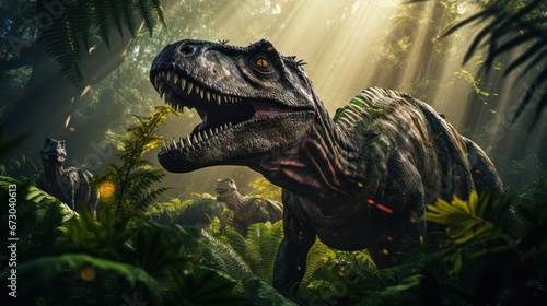 Dinosaurs wander through ancient  verdant forests