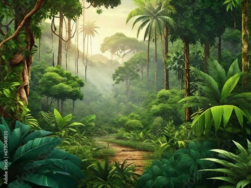 Verdant jungle with fog and trees 
