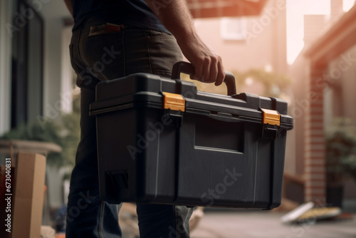 Close-up on an electrician carrying a toolbox while working at a house - domestic life concept photo