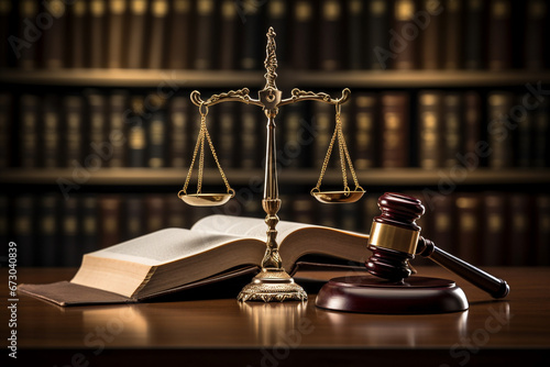 Gavel and scale of justice on wooden table