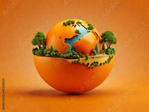 an orange model of a globe with trees on top of it having an orange background 