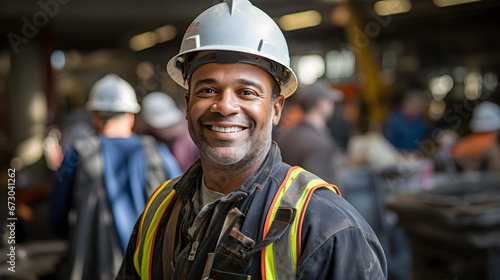 smiling builder, construction site, positive worker, diverse, wearing hard hat © NE97