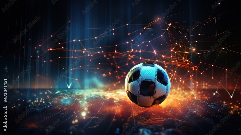 Fototapeta premium Soccer ball floats in space, surrounded by glowing charts