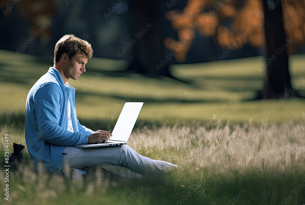 Young man in the park working with his laptop Young man in the park working with his laptop