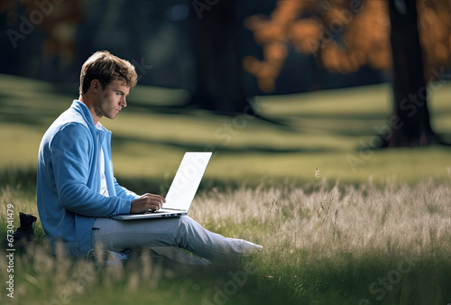 Young man in the park working with his laptop