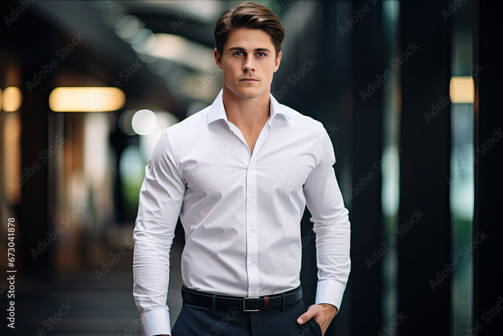 A male model wearing a professional corporate shirt with jeans
