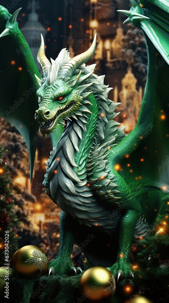 Fototapeta premium Christmas Background for smartphone with dragon, frame, banner. New Year.