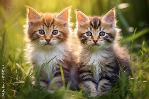 Two cute kittens standing in green grass. Generative AI