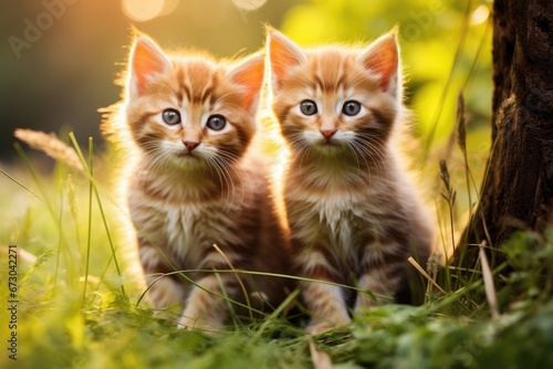 Two cute kittens standing in green grass. Generative AI © kardaska