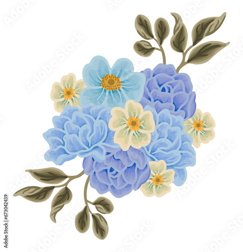 Vintage blue rose, daisy, and peony flower bouquet clip art design for greeting cards, wedding invitation, decoration, craft, journal, feminine products, beauty label, branding elements