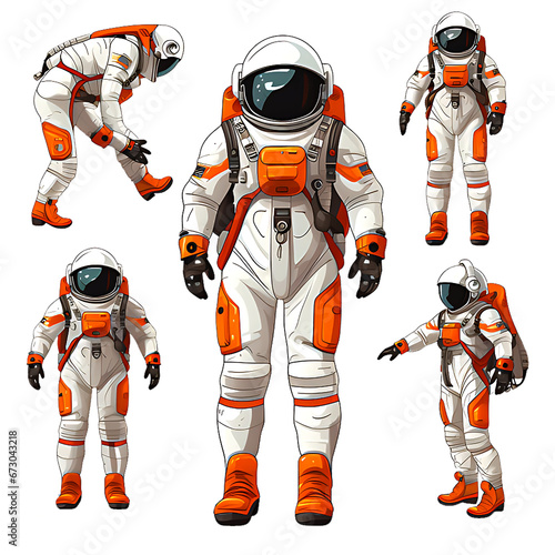 Set of astronaut in a space suit isolated on white or transparent background, various poses, png (ID: 673043218)
