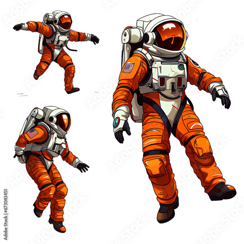 Set of astronaut in a space suit isolated on white or transparent background, various poses, png (ID: 673043451)