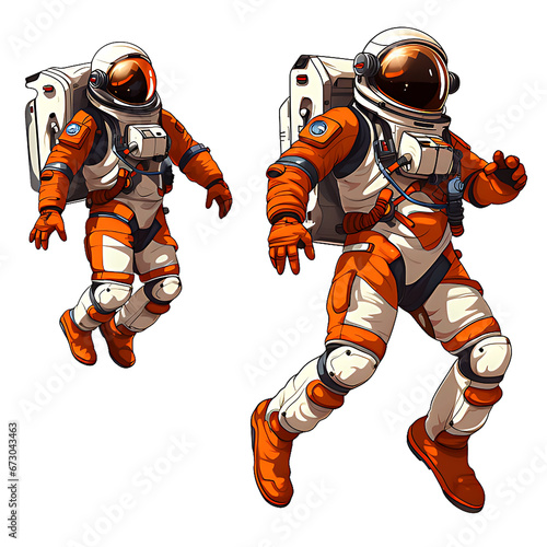 Set of astronaut in a space suit isolated on white or transparent background, various poses, png (ID: 673043463)