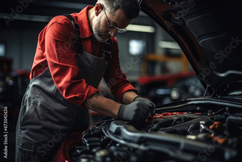 A mechanic in a workshop diagnoses and repairs the engine and car systems. Car repair and diagnostics in the garage. Modern car service. Brutal worker mechanic. © Anoo