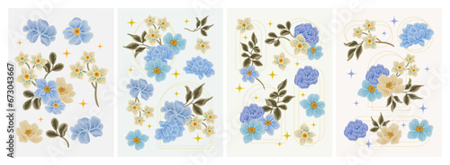 Vintage flower poster, card, postcard illustration set with blue rose, peony, floral bud, wildflowers, and green leaf branch elements