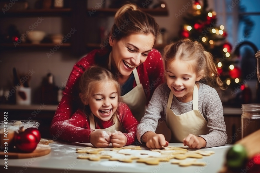 Photo of a woman and two children baking cookies together Photo of a woman and two children baking cookies together