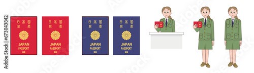 日本のパスポートと入国審査官、ベクターイラスト