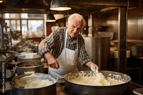 Photo of a man cooking food in a kitchen. An elderly cheese farmer makes homemade cheese. Private cheese production.