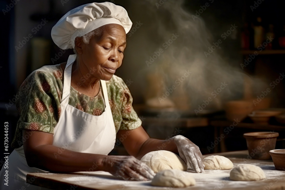An elderly dark-skinned woman prepares bread dough in the kitchen. Grandmother kneads dough for baking. Homemade bread production. Fresh bakery. An elderly dark-skinned woman prepares bread dough in the kitchen. Grandmother kneads dough for baking. Homemade bread production. Fresh bakery.