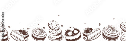Vector sketch of dessert sweets. Cake, pastries with a drop of syrup. sketch of desserts. A piece of cake with a berry is a handmade drawing. Vintage style illustration for cafe design.