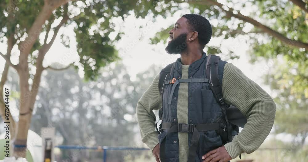 Camping, hiking and black man with view of forest on winter morning adventure, nature travel and peace. Woods, trees and happy hiker in calm countryside, smile and backpack on park vacation freedom. Camping, hiking and black man with view of forest on winter morning adventure, nature travel and peace. Woods, trees and happy hiker in calm countryside, smile and backpack on park vacation freedom.