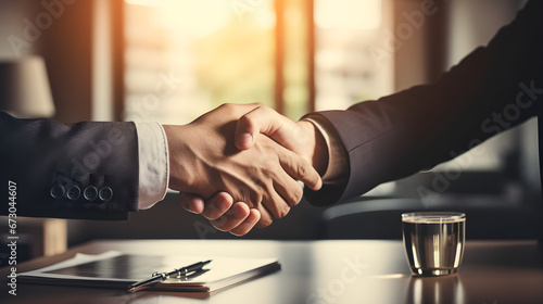 The real estate agent and broker shake hands with the client to close the contract for renting or selling a house,