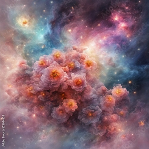 space bouquet of flowers, radiant nebula, star clusters and gas clouds shining brightly, celestial, otherwordly, abstract, space art