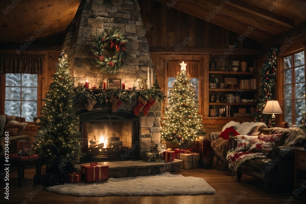 Cozy New Year's interior in a rustic wooden house