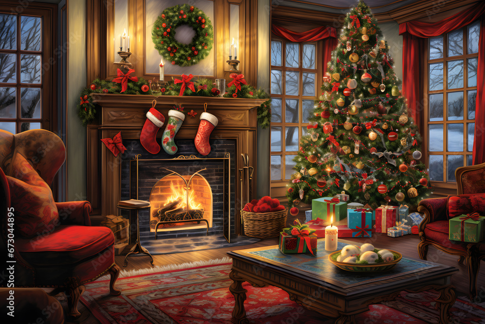 A fully decorated Christmas tree inside a warm, festive home with fire borne, red couch at side, candle and gift and ornamental balls on the table elegant room in the snow fall area