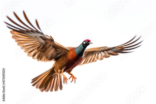 Flying pheasant on white background photo