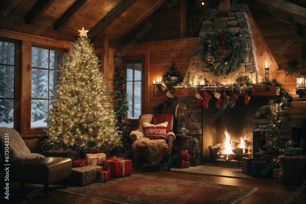 New Year's interior with fireplace, Christmas tree, garlands, socks, rug, pillows, armchair in a wooden old house