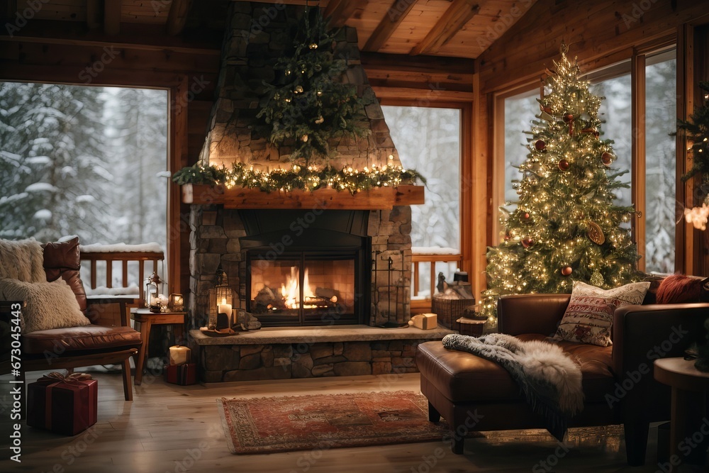 Cozy house in the forest in winter. New Year's interior with fireplace, Christmas tree, gift boxes on the floor with carpet